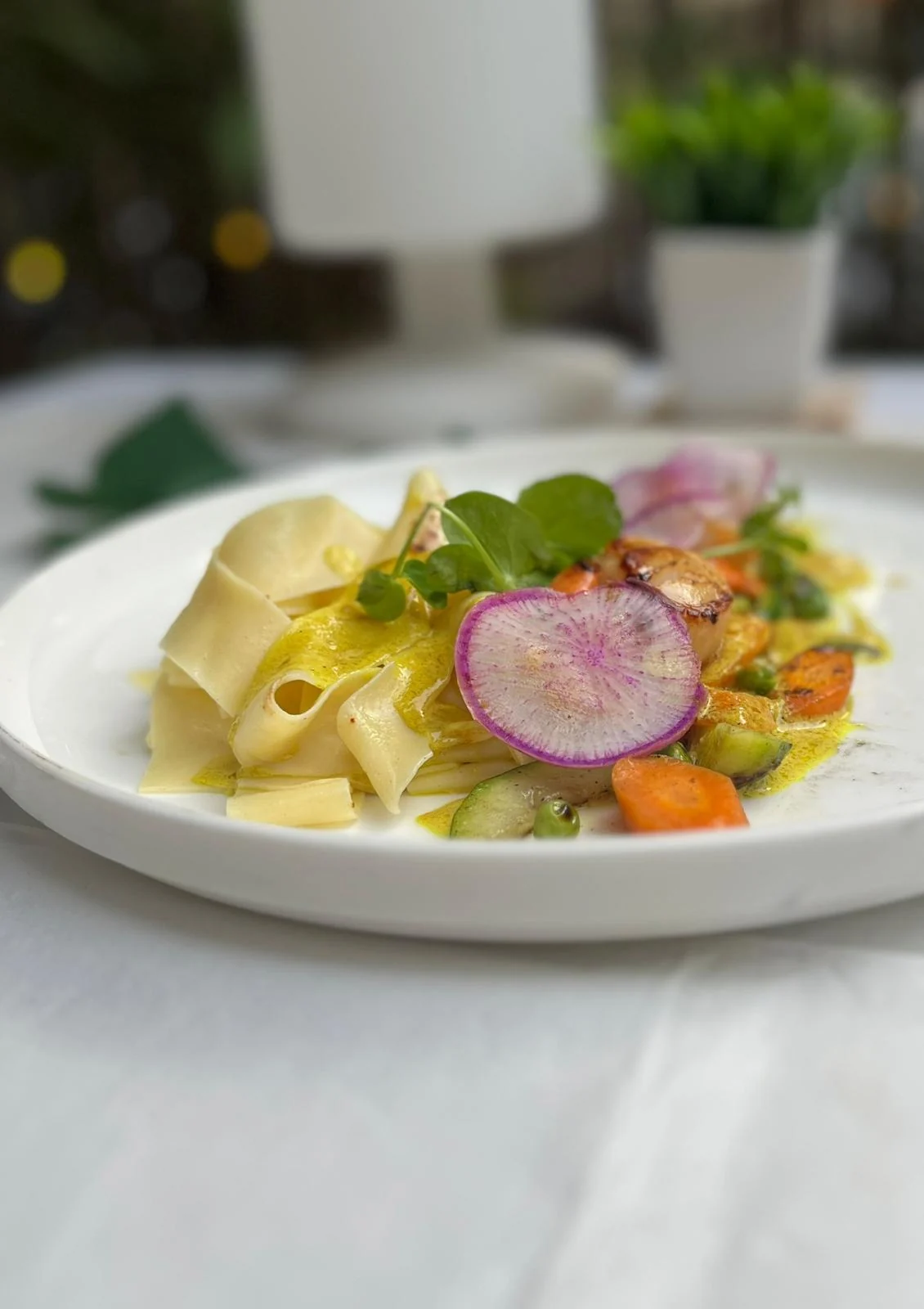 Assiette dressée par le chef, avec légumes et touches de couleur